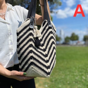 Black and White Crochet Bag, Boho Bag, Vintage Bag, Bag for Woman, Gift For Her, Large CrochetTote Bag, Black Bag, Shoulder Bag, Hobo Bag A