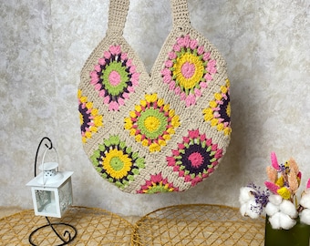 Bolso cuadrado de ganchillo hecho a mano estilo abuela, bolso estilo hobo bohemio, algodón vegano, regalo para mamá.