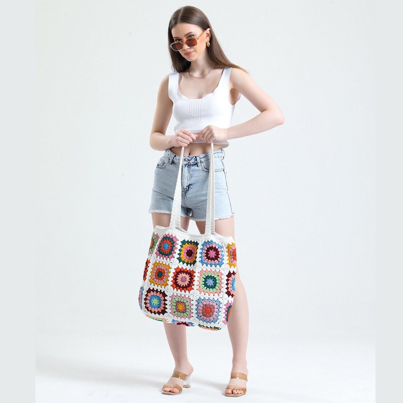 Crochet Bag, Crochet Purse, Granny Square Woman Bag, Crochet tote Bag, Retro Bag, Hippie Bag, Gift for Her, Boho Bag, Vintage Style Bag image 9