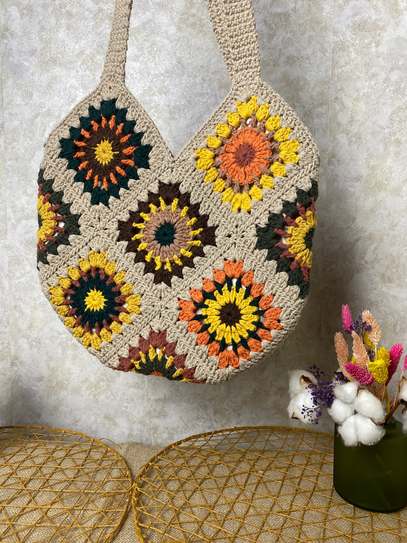 Granny Square Bag, Woman Purse, Crochet Bag, Gift For Birthday, Boho bag, Hobo Bag, Bohemian Women's Bag, Sun Flower Bag, Handmade Bag, Gift image 4