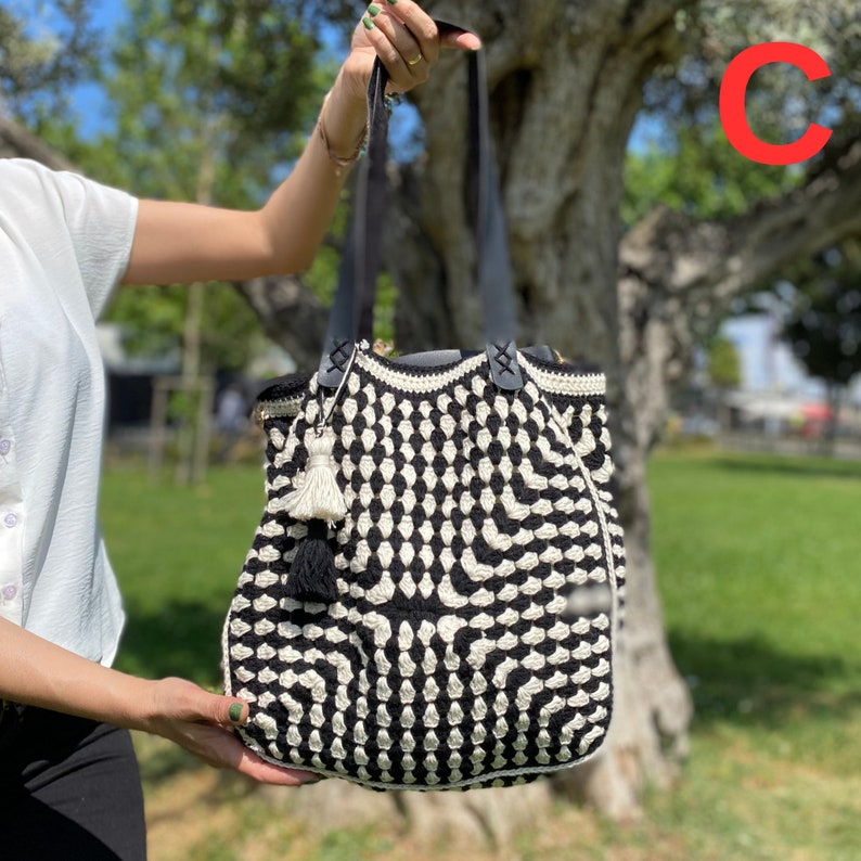 Black and White Crochet Bag, Boho Bag, Vintage Bag, Bag for Woman, Gift For Her, Large CrochetTote Bag, Black Bag, Shoulder Bag, Hobo Bag C