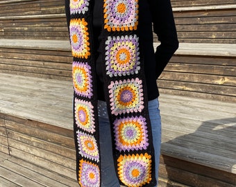 Crochet Granny Square Scarf, Blanket Scarf, boho Scarves, Crochet shawl, Gift for her, Vintage Style, Hippie, Cream Scarves, Winter Scarf