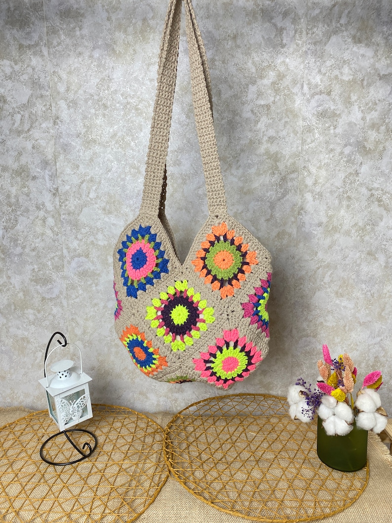 Granny Square Bag, Woman Purse, Crochet Bag, Gift For Birthday, Boho bag, Hobo Bag, Bohemian Women's Bag, Sun Flower Bag, Handmade Bag, Gift image 7