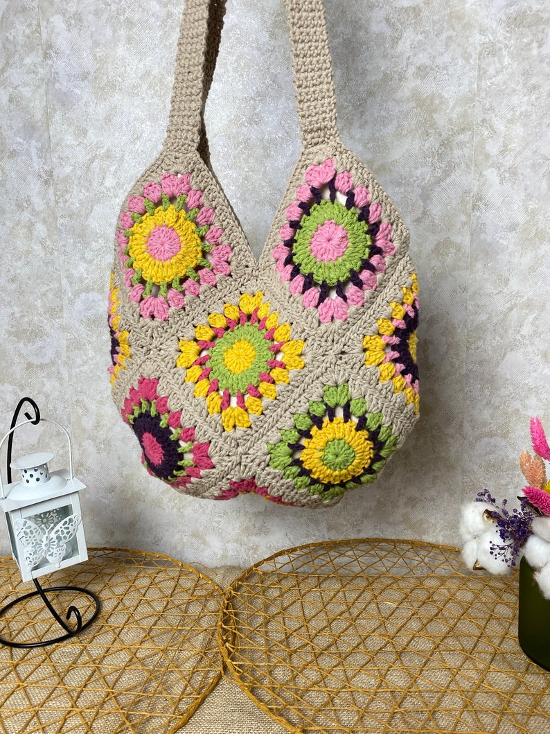 Granny Square Bag, Woman Purse, Crochet Bag, Gift For Birthday, Boho bag, Hobo Bag, Bohemian Women's Bag, Sun Flower Bag, Handmade Bag, Gift image 1