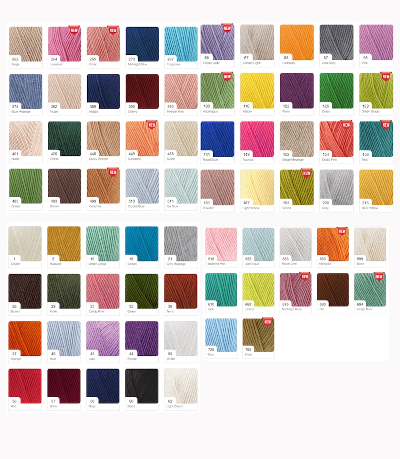 K&ouml;nnte beinhalten: Eine Farbkarte mit Garnproben, die in Reihen und Spalten angeordnet sind. Jede Probe ist mit einer Nummer gekennzeichnet. Die Farben umfassen Beige, Braun, Gr&uuml;n, Blau, Rosa, Rot, Orange, Gelb, Wei&szlig;, Grau und Schwarz.