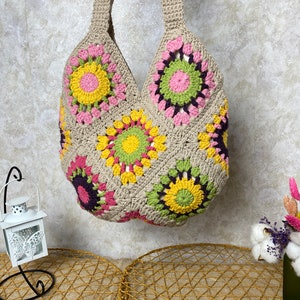 Crochet shoulder bag, Granny square bag, Gift For Birthday, Bohemian style purse, Sunflower vintage bag, Afghan Bag, Gift for Woman purse Bag2