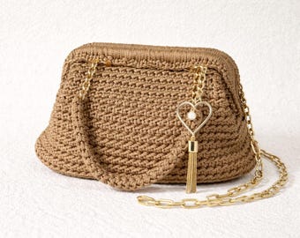 Boho Crochet Bag – Handmade Brown Purse with Gold Chain Charm