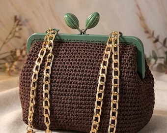 Handmade Crochet Clutch Bag, Elegant Vintage Frame, Gold Chain Shoulder Strap