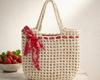 Handmade Crochet Tote Bag | Neutral Raffia Beach Shoulder Bag with Red Scarf Detail