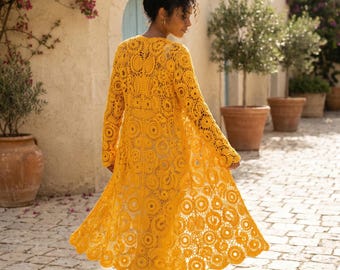 Mustard Yellow Crochet Cardigan, Handmade Boho Duster Cardigan, Long Granny Square Knit Sweater, Festival Crochet Jacket, Gift for Her