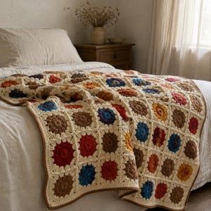 May include: A handmade crochet blanket featuring a repeating pattern of circular motifs in shades of brown, red, blue, and yellow, joined together with cream-colored yarn. The blanket has a textured surface and a brown border along the edges.