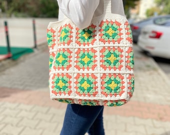 Granny Square Bag, Crochet Shoulder Bag, Bohemian Woman Purse, Birthday Gifts, Handmade Bags, Crochet Purse, Afghan Bag, Vintage Style Bag