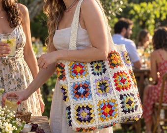 Crochet tote bag, Granny Square Bag, Shoulder bag, Crochet beach bag, Vintage bag, Boho bag, Gift for Her, Bag For Women,