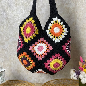 Crochet Tote Bag, Boho Bag, Handmade Purse, Shoulder bag, Day Bag, Cotton Bag, Woman Bag, Crossbody Bag, Granny Square Bag, Hippie Tote Bag image 8