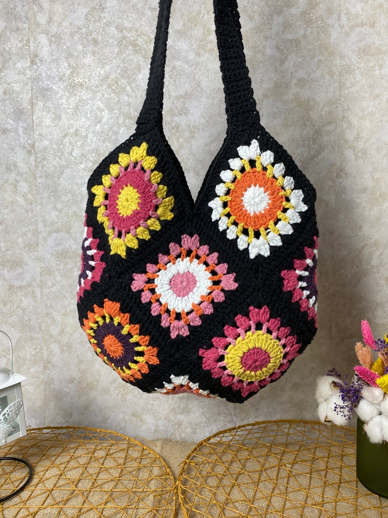 Crochet Tote Bag, Boho Bag, Handmade Purse, Shoulder bag, Day Bag, Cotton Bag, Woman Bag, Crossbody Bag, Granny Square Bag, Hippie Tote Bag image 8