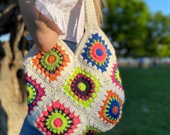 Crochet Tote Bag, Boho Bag, Handmade Purse, Shoulder bag, Day Bag, Cotton Bag, Woman Bag, Crossbody Bag, Granny Square Bag, Hippie Tote Bag