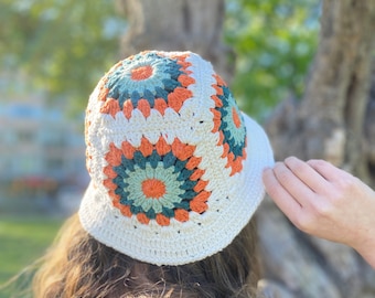 Cochet Bucket Hat, Granny Square Bag,  Woman Hair Acsessuary, Bohemian Hat, Handmade Hat, Vintage Style Hat, Summer Hat, Gift For Birthday