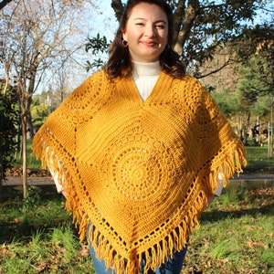 Crochet Ponchos, Oversize sweater, Lightweight Sweater, Winter Women's Crochet Sweater, Boho Poncho, Gift For Her, Hand Knit Tasseled Poncho image 2