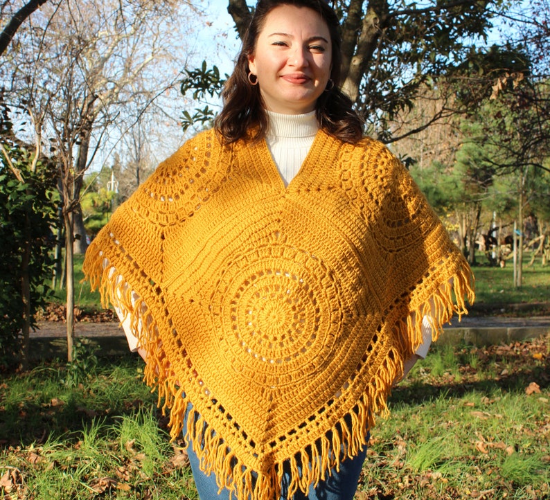 Crochet Ponchos, Oversize sweater, Lightweight Sweater, Winter Women's Crochet Sweater, Boho Poncho, Gift For Her, Hand Knit Tasseled Poncho image 2