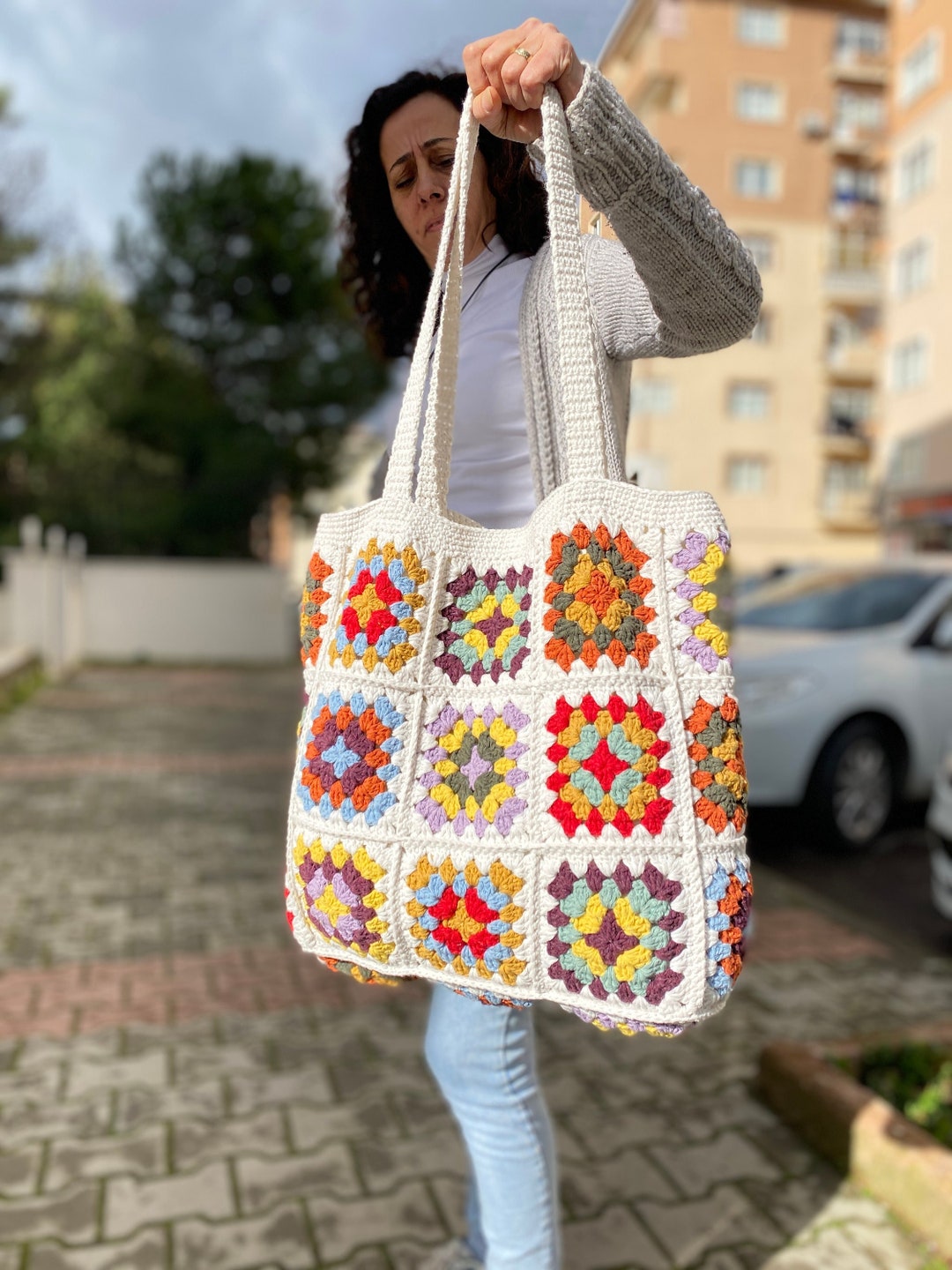 crochet rainbow tote bag