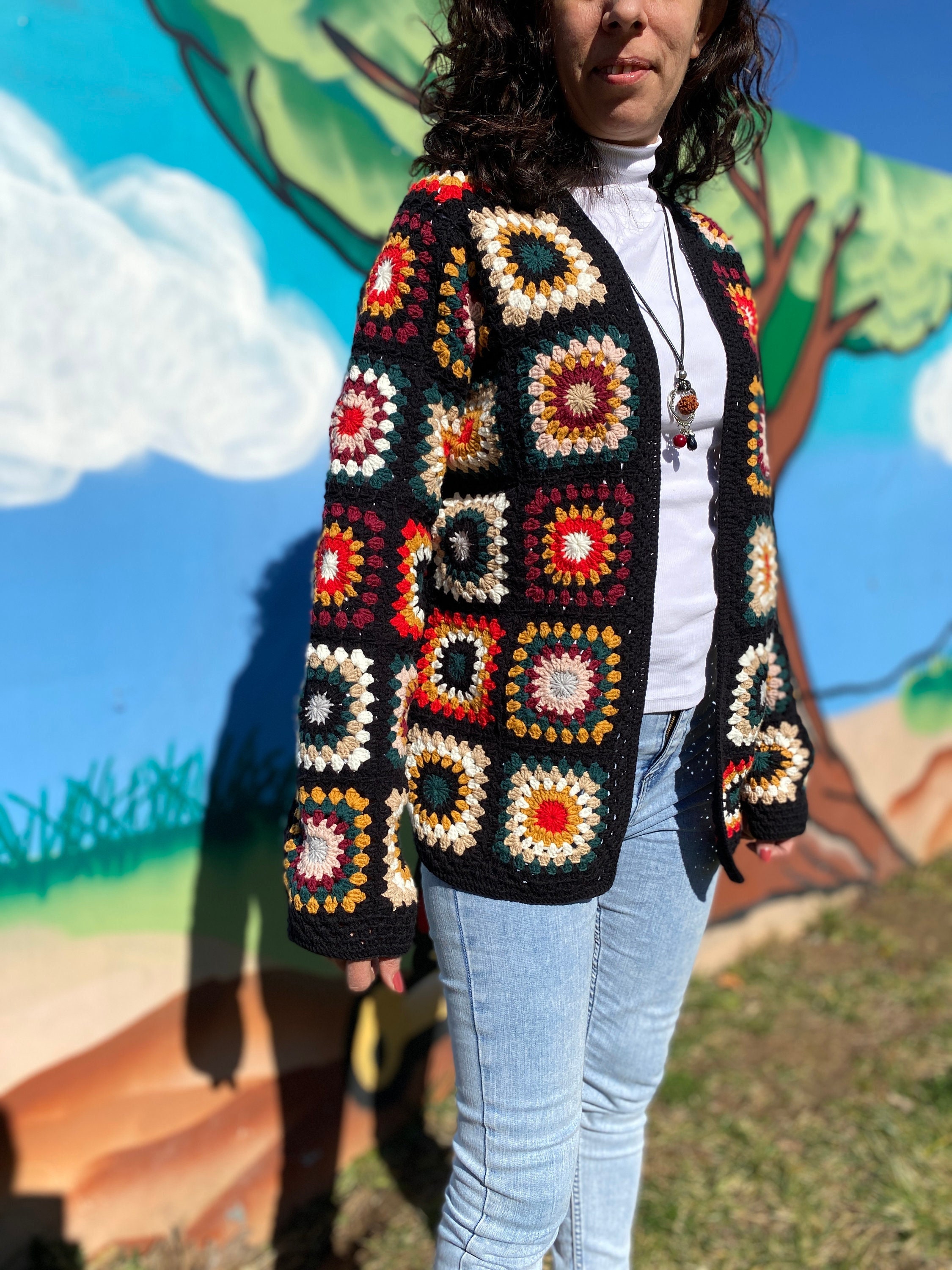 Granny Square Cardigan, Winter Sweater, Wool, Crochet Bohemian