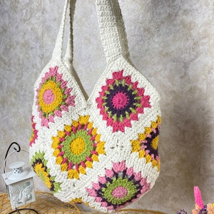 Crochet shoulder bag, Granny square bag, Gift For Birthday, Bohemian style purse, Sunflower vintage bag, Afghan Bag, Gift for Woman purse Bag8