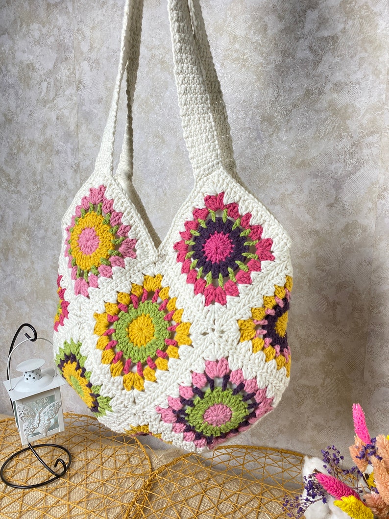 Crochet shoulder bag, Granny square bag, Gift For Birthday, Bohemian style purse, Sunflower vintage bag, Afghan Bag, Gift for Woman purse Bag8