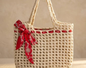 Gift For Mother's Day, Handmade Crochet Tote Bag | Natural Raffia Summer Boho Shoulder Bag
