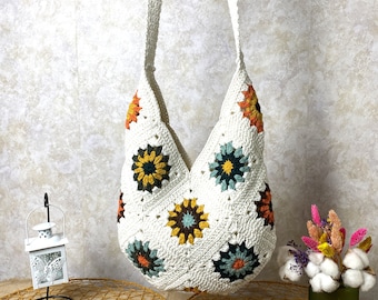 Crochet shoulder bag, Granny square bag, Bohemian style purse, Gift for mother, Sunflower vintage bag, Afghan Bag, Gift for her, Woman purse