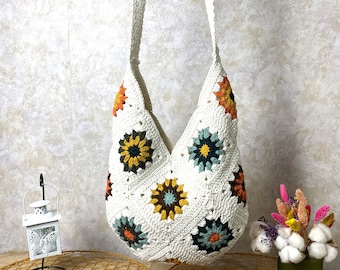 Umhängetasche gehäkelt, Oma quadratische Tasche, Boho Stil Geldbeutel, Geschenk für Mutter, Sonnenblume Vintage Tasche, Afghanische Tasche, Geschenk für sie, Frauen Geldbeutel