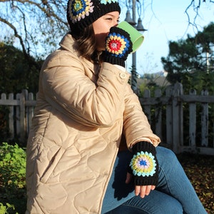Crochet Winter Accesory, Knitted Beanie and Gloves, Gift For Woman, Granny Square Beanie Set, Handmade Crochet Accessory, Multicolor collar image 8