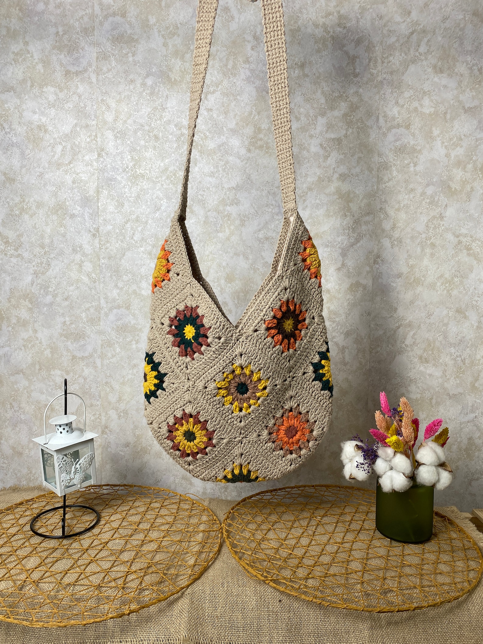 ZORA CRAFT Crochet Granny Square Shoulder Bag - Bohemian Sunflower Vintage Purse, Gift For Women - View #3