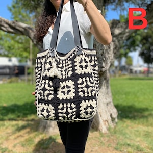 Black and White Crochet Bag, Boho Bag, Vintage Bag, Bag for Woman, Gift For Her, Large CrochetTote Bag, Black Bag, Shoulder Bag, Hobo Bag B