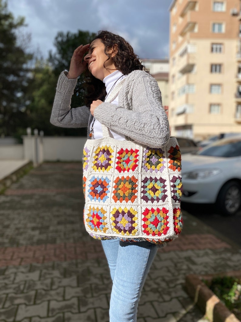 Granny Square Bag, Crochet Bag, Crochet Purse, Crochet tote Bag, Retro Bag, Hippie Bag,Gift for Her, Boho Bag, Vintage Style, Bag For Women image 6