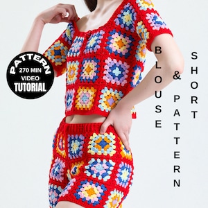 以下が含まれることがあります： カラフルなグラニー・スクエアをあしらった赤いクロシェのトップスとショートパンツのセット。厚手の糸で作られており、ゆったりとしたフィット感です。トップスとショートパンツの作り方の説明が記載されています。  "BLOUSE PATTERN & SHORT PATTERN"