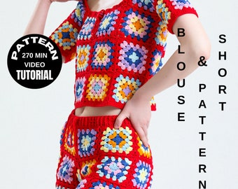 Crochet PDF Pattern, Summer Blouse Short Pattern, Tutorial Video Pattern, Summer Blouse Short, Granny Square Pattern, Blouse Short Pattern
