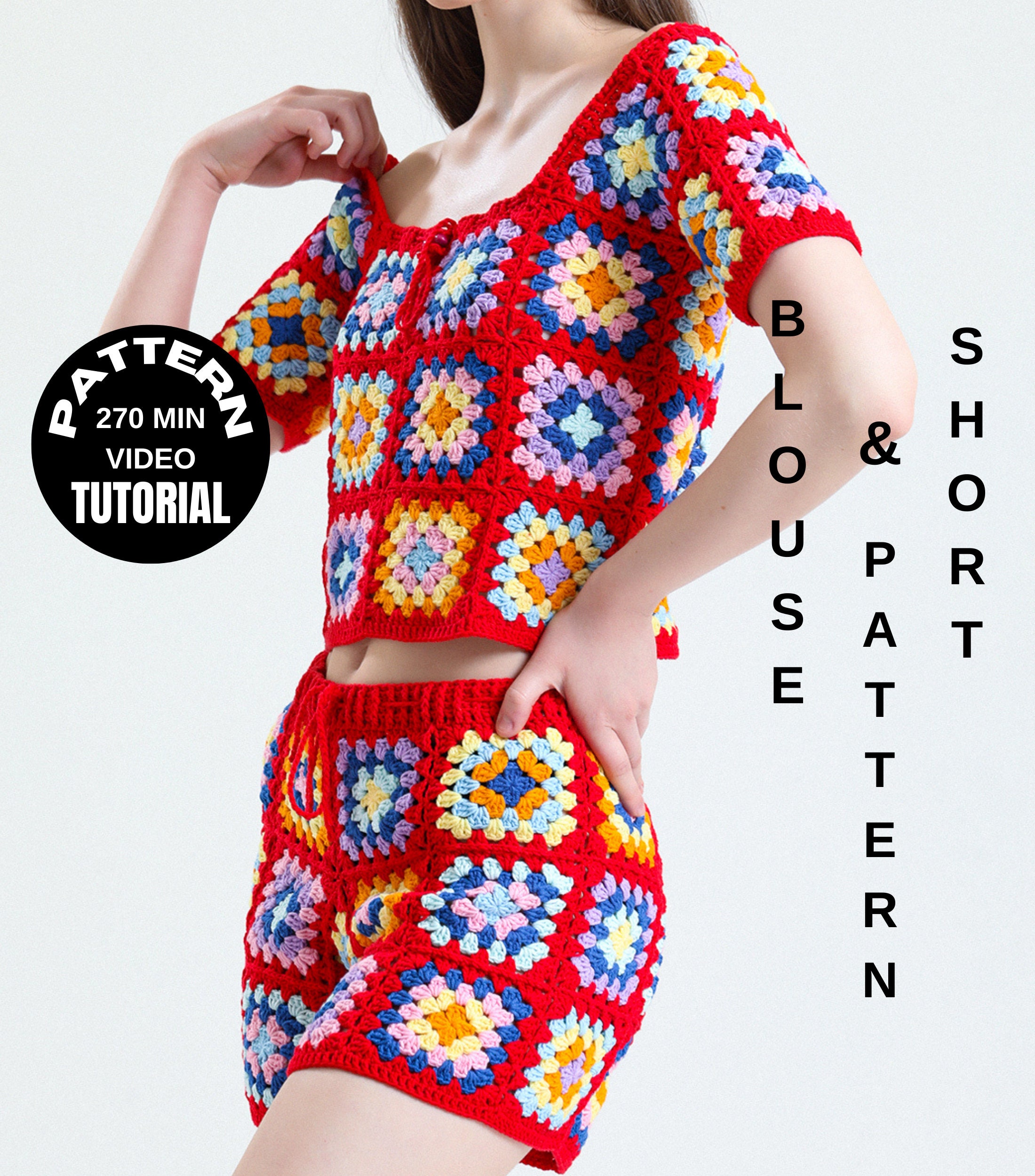 40 Crochet Blouse Patterns with Lace, Wraps, and Granny Squares 13 Crochet Granny Square Blouse and Shorts