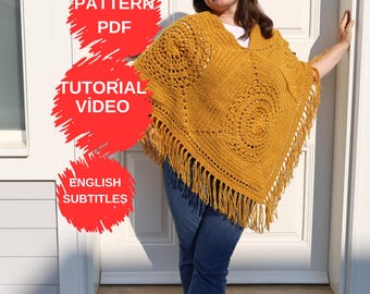 Crochet Poncho Pattern PDF | Mustard Boho Poncho | Granny Square Crochet Pattern | XS-3XL | Easy Crochet Tutorial | Instant Download