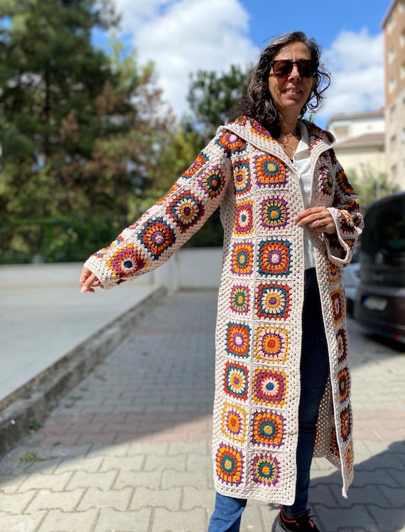 granny square cardigan, crochet hooded cardigan, gift for birthday, crochet coat, boho-hippie sweater, women's jacket, crochet long cardigan