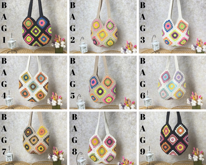 Crochet Tote Bag, Boho Bag, Handmade Purse, Shoulder bag, Day Bag, Cotton Bag, Woman Bag, Crossbody Bag, Granny Square Bag, Hippie Tote Bag image 10