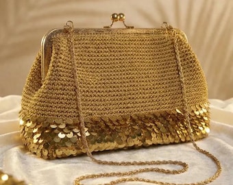 Gold Sequin Crochet Evening Bag, Handmade Clutch Purse with Chain