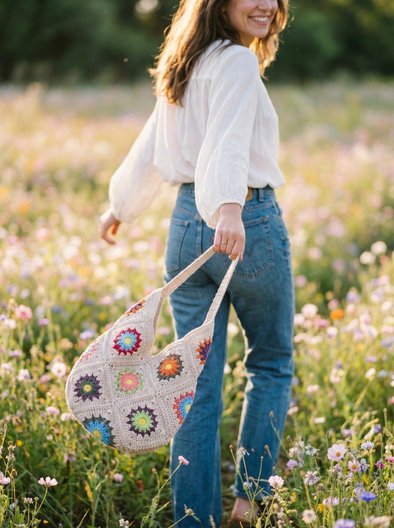 May include: A cream-coloured crochet shoulder bag with colourful floral squares. The bag is held by a person wearing blue jeans and a white blouse, walking through a field of wildflowers. The bag's design features red, blue, yellow, and green accents.