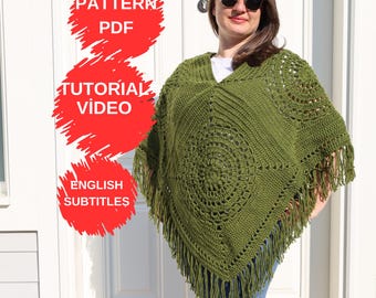 Easy Crochet Poncho Pattern PDF | Granny Square Poncho | Boho Crochet Wrap | XS-3XL | Video Tutorial | Instant Download