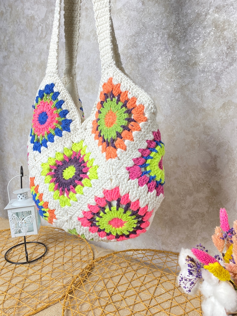 Crochet shoulder bag, Granny square bag, Gift For Birthday, Bohemian style purse, Sunflower vintage bag, Afghan Bag, Gift for Woman purse Bag3