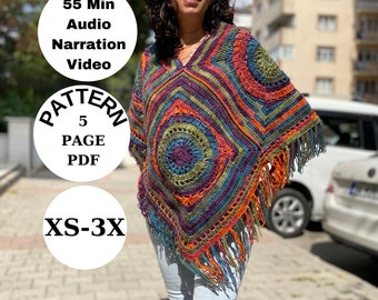 Modèle de poncho au crochet, poncho femme PDF, modèle PDF vidéo de narration vocale, poncho à glands de style Boho PDF, modèle de pull léger,