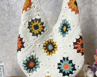 Granny square bag, Crochet shoulder bag, Bohemian style purse, Gift for mother, Sunflower vintage bag, Afghan Bag, Gift for her, Woman purse