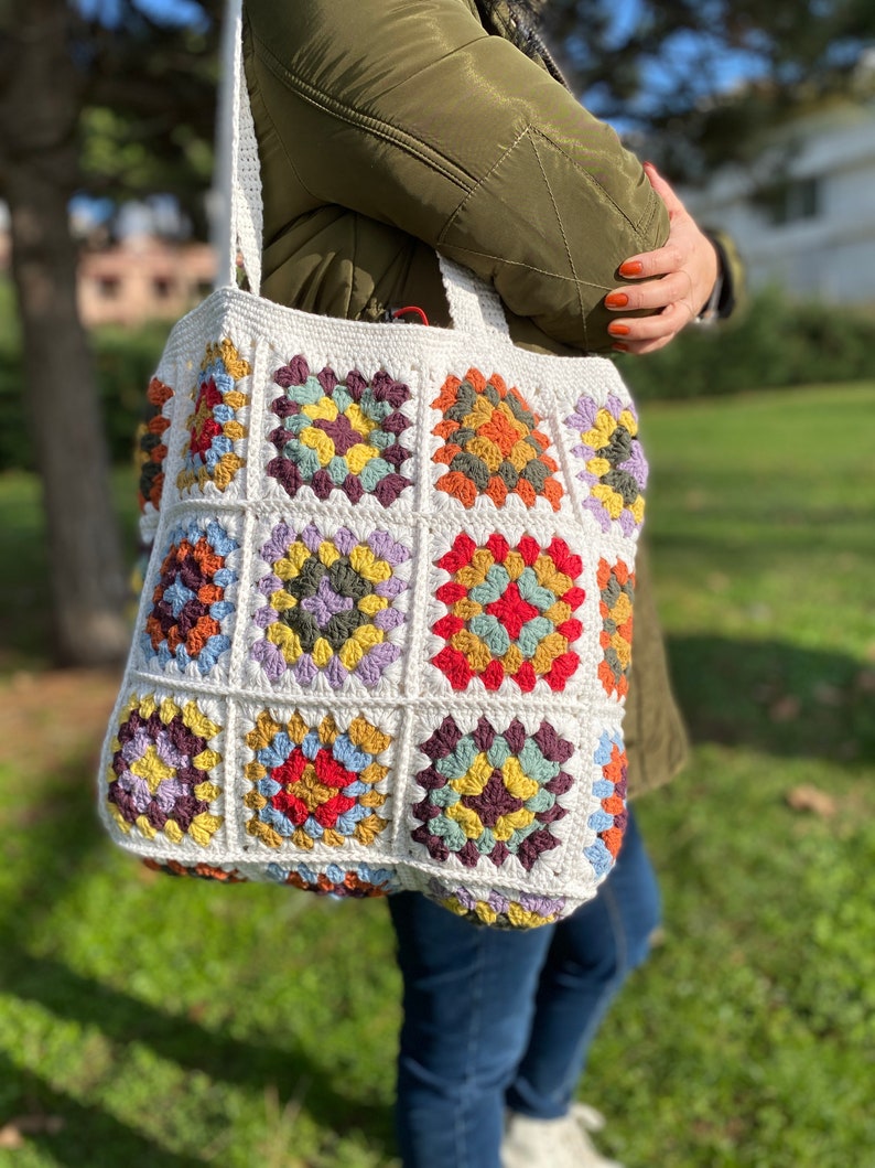 Granny Square Bag, Crochet Bag, Crochet Purse, Crochet tote Bag, Retro Bag, Hippie Bag,Gift for Her, Boho Bag, Vintage Style, Bag For Women image 2