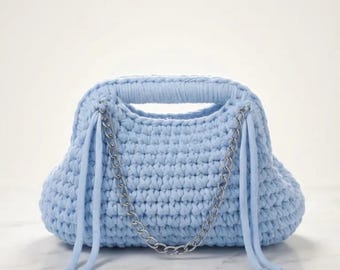 Crochet Bag Blue Shoulder Bag, Handmade T-Shirt Yarn Mini Purse, Gift for Her
