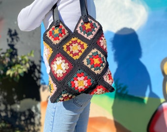 Crochet Bag, Granny Square Bag, Crochet Purse, Crochet tote Bag, Black Bag, Hippie Bag,Gift for Her, Boho Bag, Vintage Style, Bag For Women