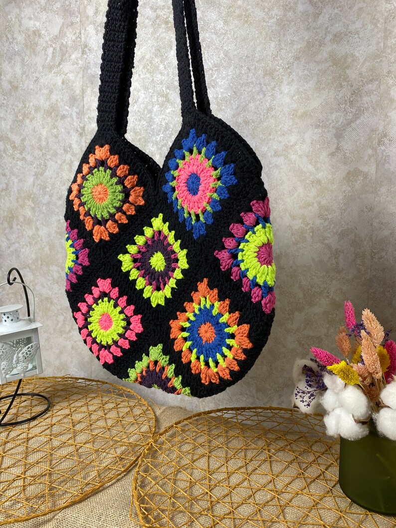 Crochet Tote Bag, Boho Bag, Handmade Purse, Shoulder bag, Day Bag, Cotton Bag, Woman Bag, Crossbody Bag, Granny Square Bag, Hippie Tote Bag image 2